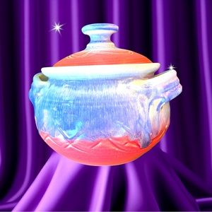 Vintage JK Dryden Large 1990 Pottery Two Handled Bean Pot With Lid 7” Tall.